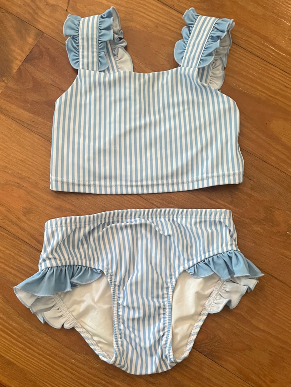 Girls shrimp & Grits Kids Light Blue & White Striped Ruffle Bikini Set